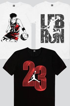 Yirmi Üç Siyah, Yakışıklı Basketci, Lebron Yazı Beyaz Erkek Tişört 3'lü Eko Paket 1M1BM9009AX