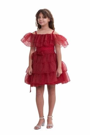 Kız Çocuk Simli Yeni Tasarım Yeni Desen Kısa Abiye Elbise 5345 Renk Kırmızı 10-14 Yaş