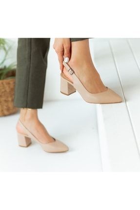 Park Moda K700 Ten Cilt Kadın Kalın Topuk Arkası Açık 5 Cm Önü Sivri Burun Günlük Ayakkabı K700te