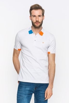 Regular Fit, Beyaz, Yakası Ve Düğmeleri Çok Renkli, Turuncu Logo Detaylı, Kısa Kollu Polo T-shirt FLX-1635