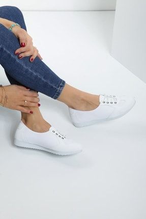 Kadın Beyaz Renk Bağcıklı Termo Taban Günlük Klasik Babet Ayakkabı SER-2245