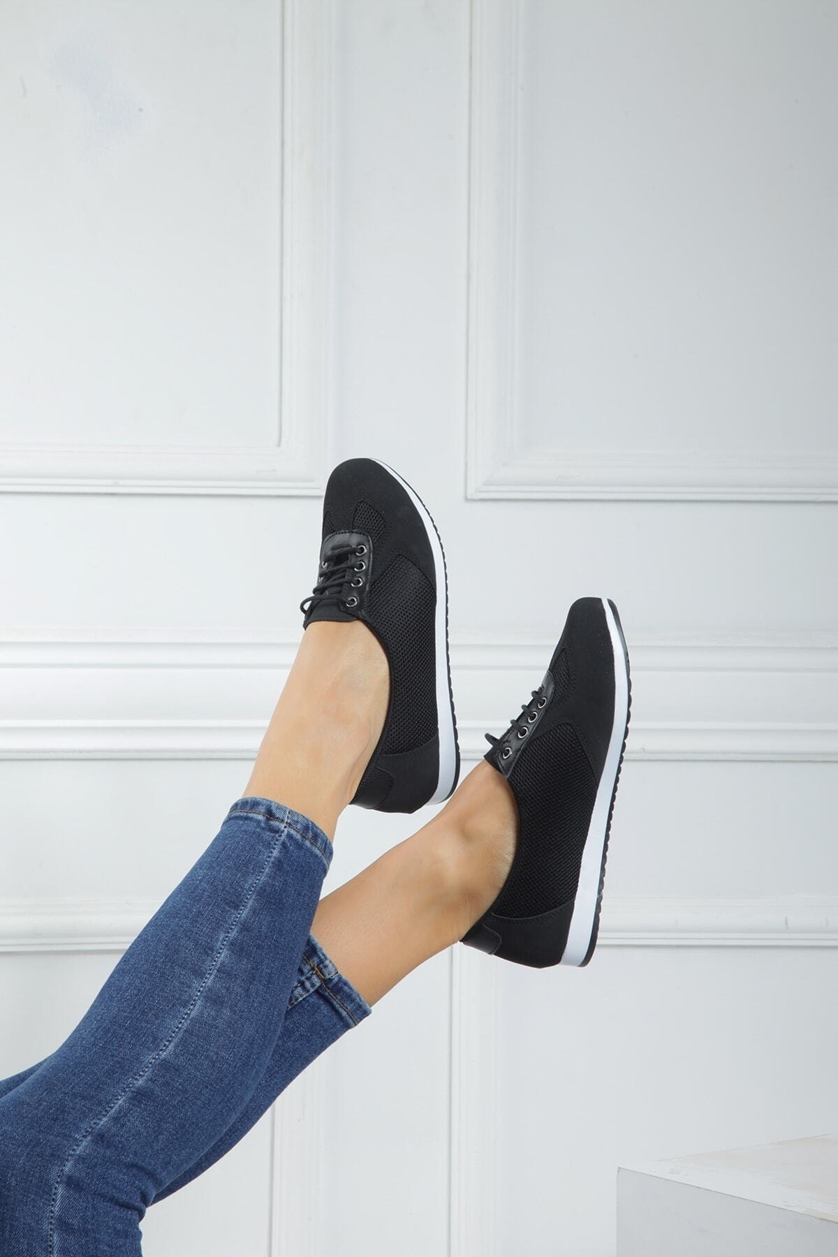 expres moda Kadın Siyah Renk Bağcıklı Termo Taban Günlük Klasik Babet Ayakkabı