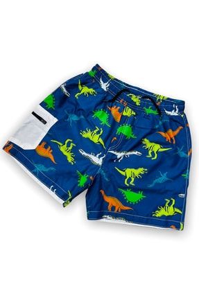 Erkek Çocuk Renkli Dinozorlar Desenli Petrol Mavi Renk Fileli Şort Mayo Yeni Sezon lolsummershorts