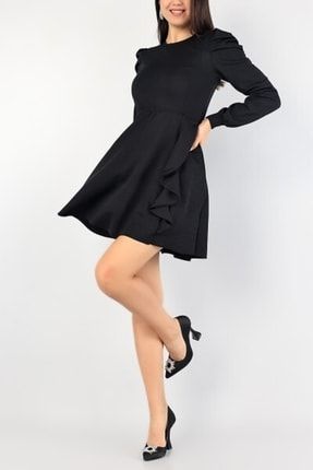 Siyah Krep Kumaş Volan Detaylı Beli Lastikli Abiye Elbise Mini Elbise Md-185814 581987 643 TKN-643