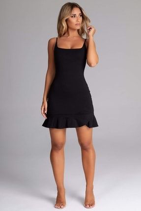 Likralı Krep Kumaş Ince Askılı Etek Ucu Kat Detaylı Siyah Mini Elbise Gece Elbisesi MAT-EMR-077