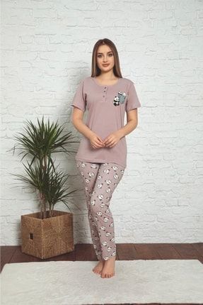 Kadın %100 Pamuk Kumaş Kısa Kollu Panda Desen Yaka Üç Düğmeli Lila Pijama Takımı 3180