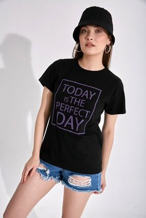 Kadın Siyah Today Baskılı Slim Fit Basic T-shirt, % 100 Pamuk SCOE21KZ01067