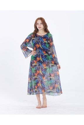 Kadın Uzun Kollu Tropik Desenli Pareo Plaj Elbisesi 2420