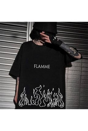 Unısex Flamme Baskılı Siyah Oversize T-shirt 87896