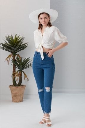 Kadın Mavi Yüksek Bel Mom Jeans Pantolon MYS0618