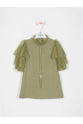 Kız Çocuk Kolu Tül Detaylı Haki Yeşil Elbise 7817