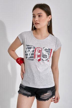 Kadın Gri Yes Baskılı Slim Fit Basic T-shirt, % 100 Pamuk SCOE21KZ01069