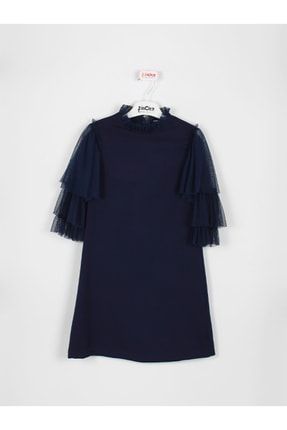 Kız Çocuk Kolu Tül Detaylı Lacivert Elbise 7817