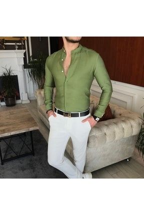 Italyan Stil Slim Fit Erkek Hakim Yaka Gömlek Yeşil T7093