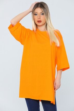 Orange Kadın Likralı Bisiklet Yaka Yan Yırtmaçlı Salaş Basic T-shirt P-037004
