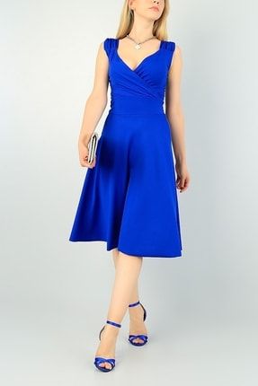 Likralı Kumaş Büzgü Detaylı V Yaka Kruvaze Kolsuz Mavi Abiye Elbise Mavi Mezuniyet Elbisesi 094 MMAT-EMR-094