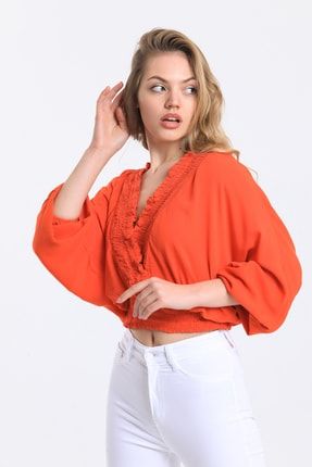 Kadın Gipeli Balon Kol Bürümcük Kumaş Turuncu Crop Bluz 1010