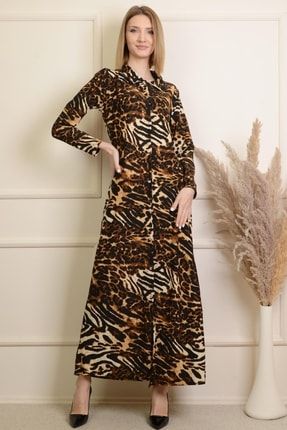 Kadın Kahverengi Bej Kaplan Desenli Gömlek Elbise PMEL25470