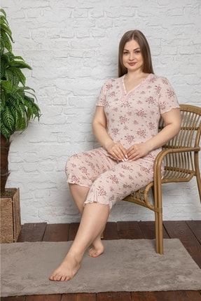 Kadın Büyük Beden Yaka Dantelli Kaprili Kısa Koluu Pembe Çiçek Desen Pijama Takımı 3491