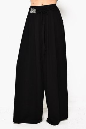 Dqmane Kadın Siyah Belden Lastikli Ve Taş Işleme Detaylı Keten Bol Paça Pantolon 51390