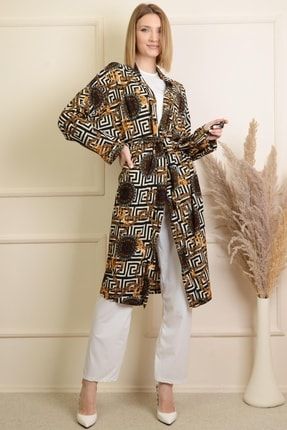 Kadın Siyah Beyaz Etnik Desenli Kimono Beyaz Pantolon Takım Pmtk25470 PMTK25470