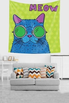 Kedi Desenli Sevimli Gözlüklü Kedi Leke Tutmaz Kadife Doku Kumaş Duvar Örtüsü Duvar Halısı Tapestry TYC00408499105