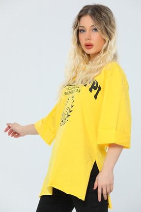 Sarı Kadın Likralı Bisiklet Yaka Duble Kol Yırtmaçlı Salaş T-shirt P-037047