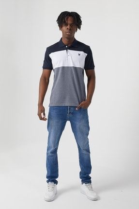 Erkek Mavi Beyaz Lacivert Renk Bloklu Polo Yaka T-shirt 362