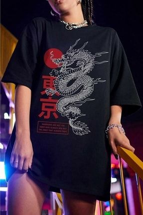 Unisex Siyah Renk Dragon Baskılı Oversize T-shirt 42542525