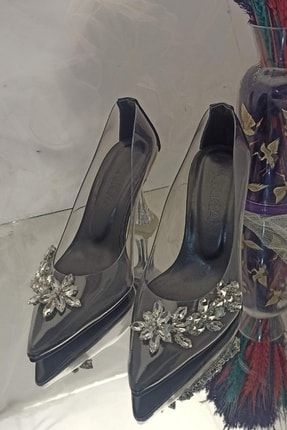 Kadın Princess Siyah Kadeh Şeffaf Topuk Kristal Taşlı Stiletto Sivri Burunlu Abiye Ayakkabı TYC00405056850
