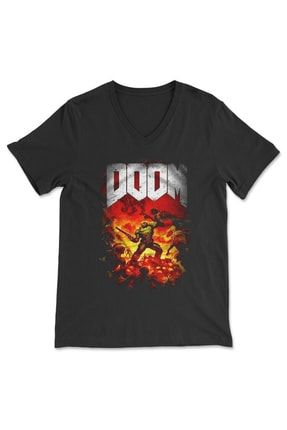 Doom Siyah V Yaka Tişört Unisex T-shirt 4992WUV