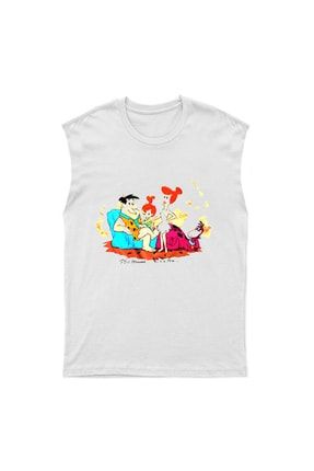 The Flintstones Taş Devri Beyaz Kesik Kol Tişört Unisex Kolsuz T-shirt 16006WKK