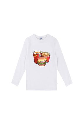 Hamburger Patates Uzun Kollu Çocuk Tişört Pixel Art Beyaz Unisex TTHMPTPA01UKCT