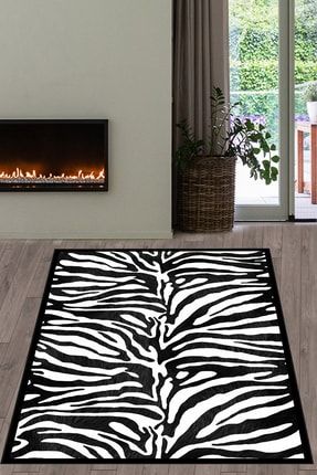 Dijital Baskılı Kaymaz Taban Yıkanabilir Siyah Çerçeveli Zebra Desenli Salon Halısı DL000130