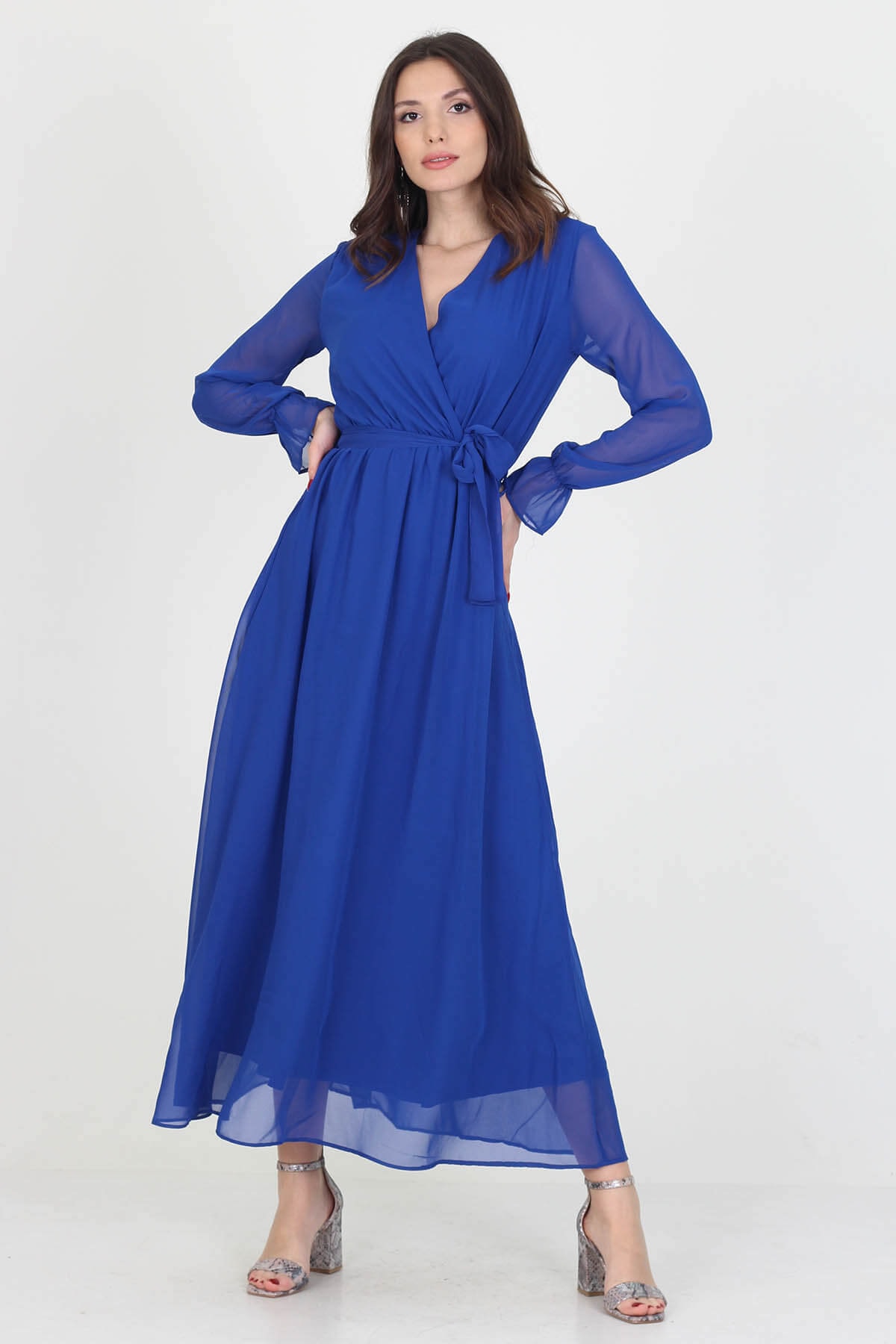 Women's New Season Lined Double Breasted Neck Long Chiffon Dress Nb003