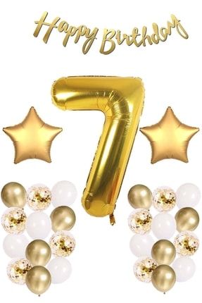 Gold Konsept 7 Yaş Doğum Günü Kutlama Seti; Beyaz Gold Konfetili Balon, Rakam Yıldız Folyo Ve Banner PG0546B