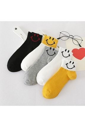 5 Çift Kadın Çok Renkli Pamuklu Gülen Yüz Çorap Seti 544728889
