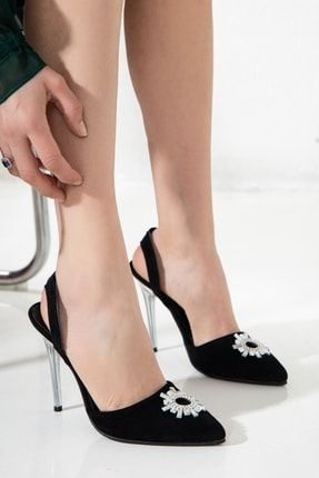 Kadın Siyah Süet Taşlı Şeffaf Tokalı Ince Yüksek Topuklu Ayakkabı - 10 Cm - Yaz Modası RCTR-A-ABİ -0009