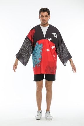 Kuş Figürü Baskılı Erkek Kimono-siyah TYC00406327411