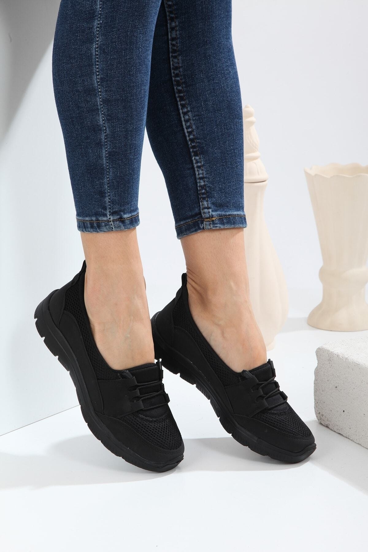 expres moda  Kadın Siyah Rengi Esnek Faylon Taban Tam Ortapedik Rahat Spor Babet Ayakkabı Ser-041 - Görsel 3