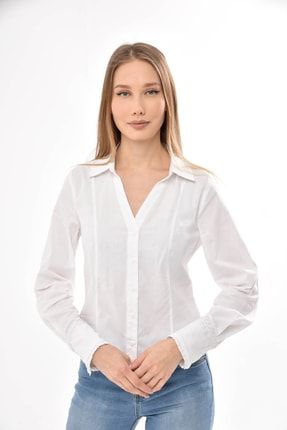 Gömlek Kısa V-yaka Kolucu Fırfırlı 3-düğmeli Manşet Kol Beyaz 2223000310603