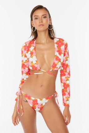 Turuncu Çiçek Desenli Bağlama Detaylı Bikini Altı TBESS22BA0246