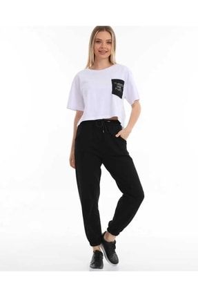 Siyah Beyaz Twenty One Pilots Yazılı Cep Detaylı T-shirt Eşofman Ikili Takım TWENTY1S