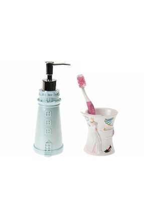 Sıvı Sabunluk,diş Fırçalık 2 Li Banyo Seti,deniz Feneri Ve Lady ZBOSP-C262