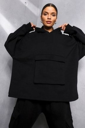 Siyah Postacı Cepli Oversize Özel Tasarım Kadın Kapüşonlu Sweatshirt 5011u TYC00406989552