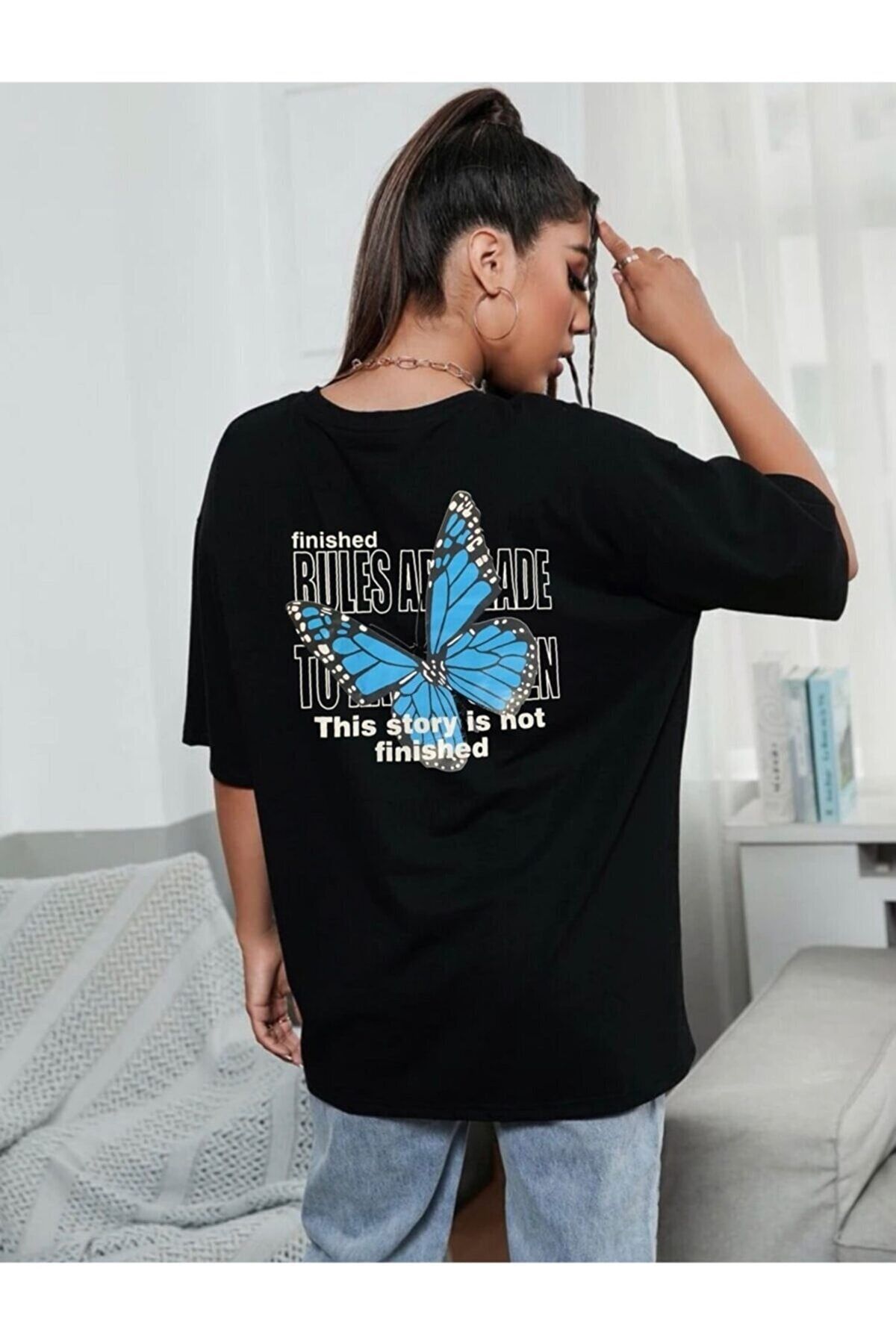 BENROMA Kelebek Baskılı Oversize Siyah T-shirt