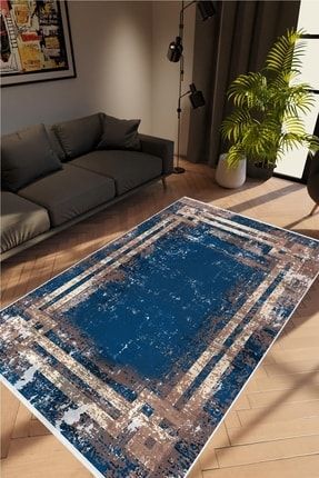 Salon Halısı Doku Eskitme Lacivert Mavi Ekru Kahve Kaydırmaz Yıkanabilir Ince Halı Tüysüz Kilim 10POST6791987982974