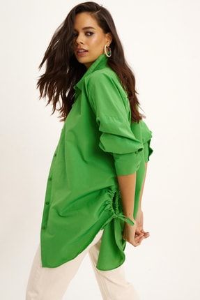 Kadın Yeşil Yanları Büzgülü Oversize Gömlek MİW36