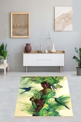 Topikal Yeşil Yaprak Desenli Afrikalı Kadın Dijital Baskı Yıkanabilir Modern Salon Halı Ve Yolluk BFONTR3