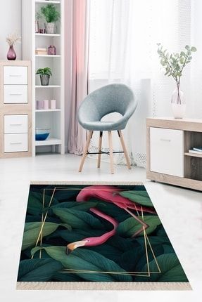 Yeşil Yaprak Flamingo Desen Gold Çerçeveli Etnik Dijital Baskı Yıkanabilir Modern Salon Halı Yolluk BFOETN7